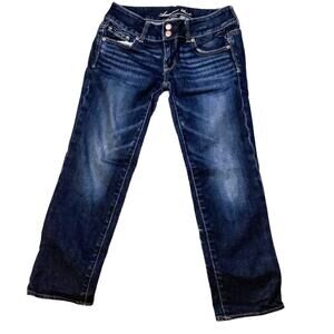 American Eagle Size 2 Blue Jeans Artist Dark Wash Distressed Cropped Stretch